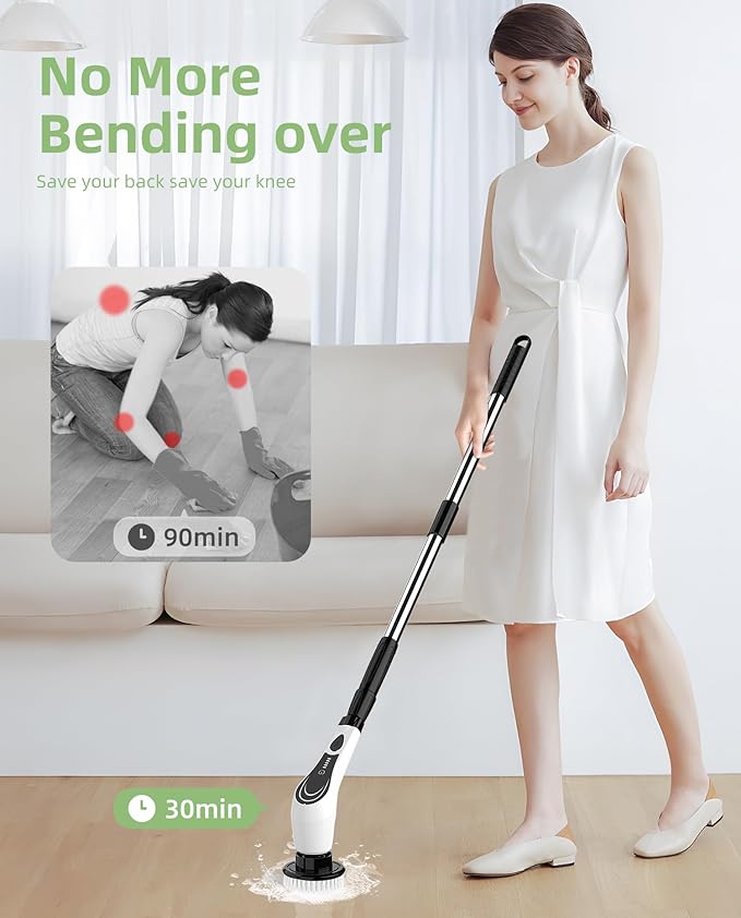 Electric Spin Scrubber, Cordless Floor Scrubber Machine with 7 Cleaning Pads & Telescopic Handle, Bathroom Scrubber for Cleaning Tile Grout Tub Shower Floor Window Carpet, White-rx2...
