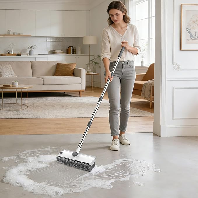 SetSail Floor Scrub Brush, 3 in 1 Floor Scrub Brush with 54-in Adjustable Long Handle and Scraper Heavy Duty Stiff Bristle Floor Scrubber for Cleaning Shower Bathroom Kitchen Patio Garage, Grey&White