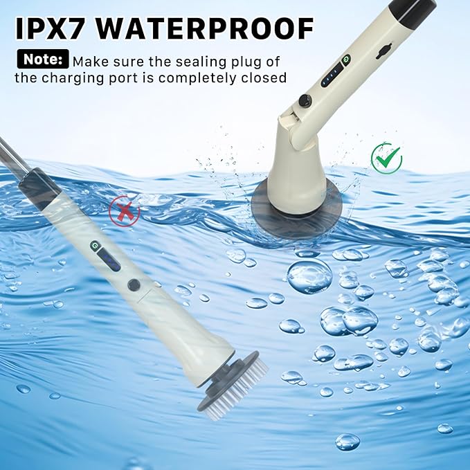 Electric Spin Scrubber, Hillyfe Bath Scrubber for Cleaning with 7 Replaceable Brush Heads, IPX7 Waterproof,300/400 RPM, 3 Adjustable Size,Cordless Shower Cleaner Brush for Bathroom Floor,Beige