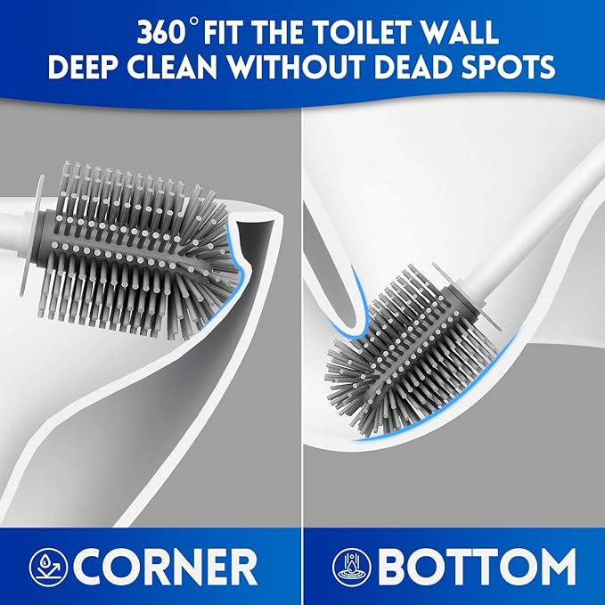 Toilet Brush and Holder Set, Silicone Toilet Bowl Brush, Bathroom Accessories, Durable Toilet Scrubber Bristles, Compact Size for RV, Wall Mountable, Drip-Proof, Deep Cleaning. (White)