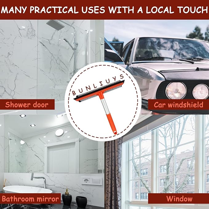 Shower Squeegee Window Squeegee Cleaner for Shower Doors Glass, 2 in 1 Window Cleaning Tool Window Scrubber Handheld Squeegee for Car Windshield with Sponge and Rubber Squeegee, Red