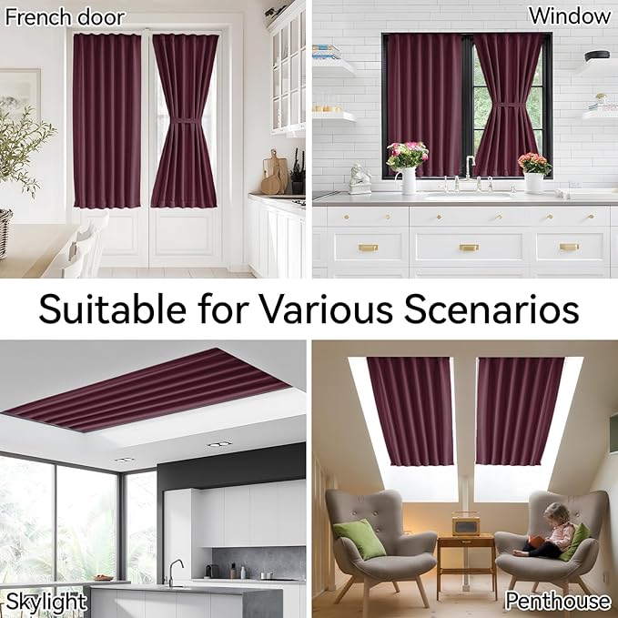 Vatge Self Adhesive Burgundy Red French Door Curtains - No Drill Rodless Blackout Panels for Sliding Glass Doors, 1 Panel, W36 x L72, Burgundy