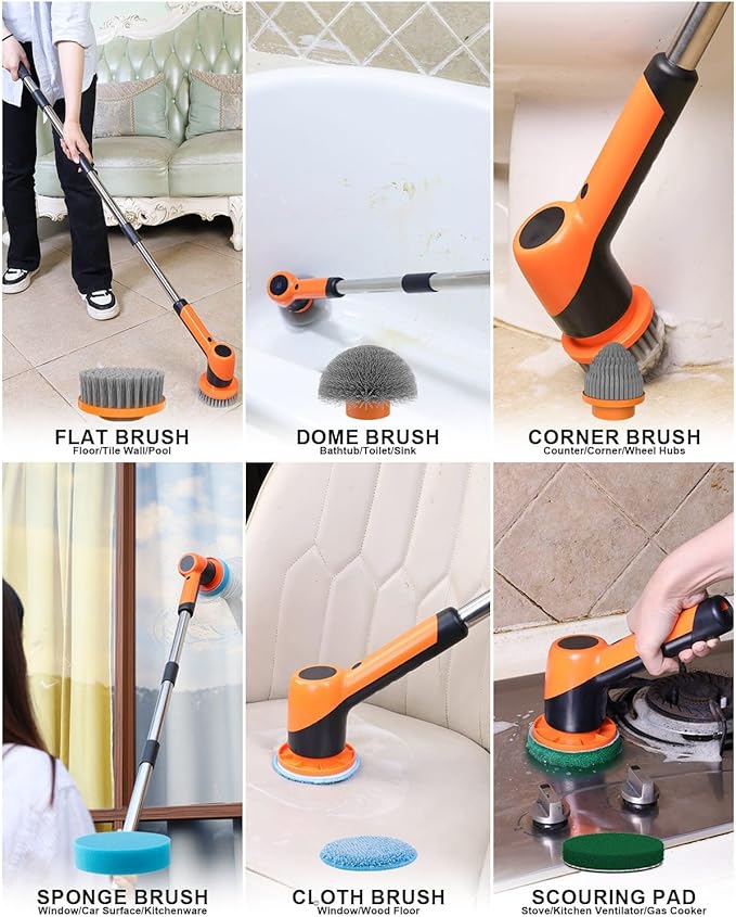 Electric Spin Scrubber for Bathroom - Cordless Brush Scrubber for Cleaning- IPX7 Shower Scrubber - 7 in 1 Electric Cleaning Brush & Retractable Handle - 2-Speed Adjustable Shower Cleaner for Bathroom
