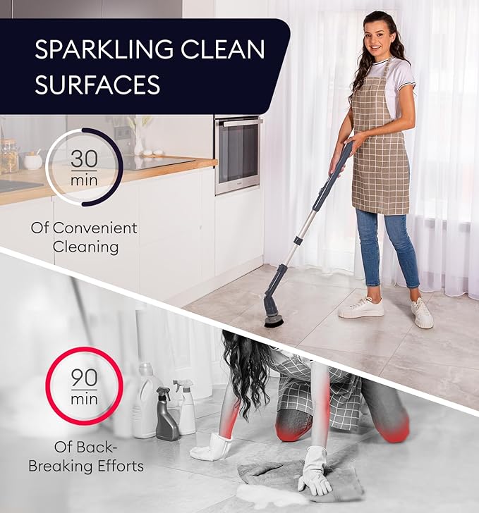 GENIANI Electric Spin Scrubber - 360 Cordless Powerful Scrub Brush for Cleaning Bathroom, Tile, Floor, Tub & Shower with Adjustable Extension Handle & 3 Replaceable Rotating Brush Heads (Gloss Black)