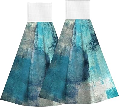 2PCS Teal Grey Abstract Art Hanging Kitchen Towel Hand Towels Soft Coral Velvet Loop Dish Towel for Bathroom Washcloth A