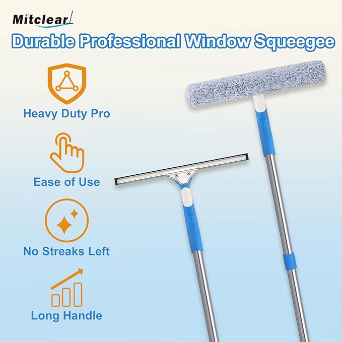 Mitclear 77'' Professional Squeegee Window Cleaner Tool with Extension Pole, Car Windshield Cleaning Kit with Long Handle, Window Washing Equipment for Indoor Outdoor Windows & Car Glass
