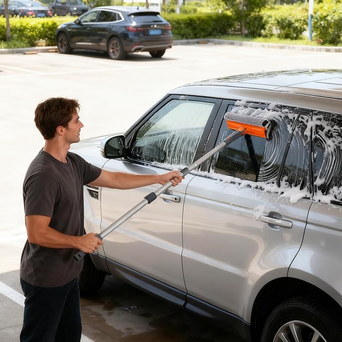 Eazer 46'' Professional Window Cleaner Tool, 2-in-1 Rotatable Squeegee for Window Cleaning Kit, Window Washing Equipment Kit with Threaded Extension Pole(20''-46'') for Shower/Windshield.