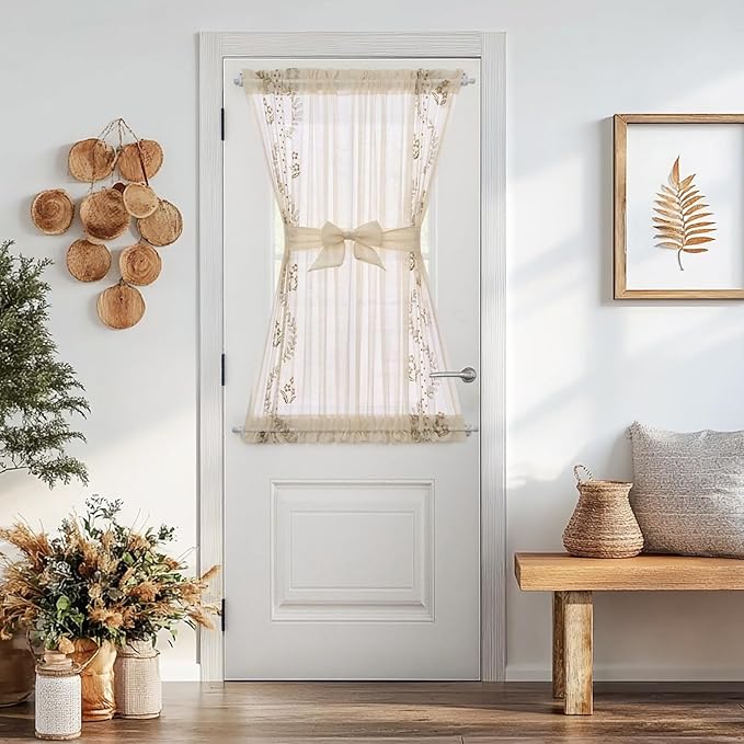 jinchan Belrose Sheer French Door Curtain Embroidered Farmhouse Linen Curtain for Patio Light Filtering for Door Window Closet Rod Pocket 40 Inches 1 Panel Taupe on Beige