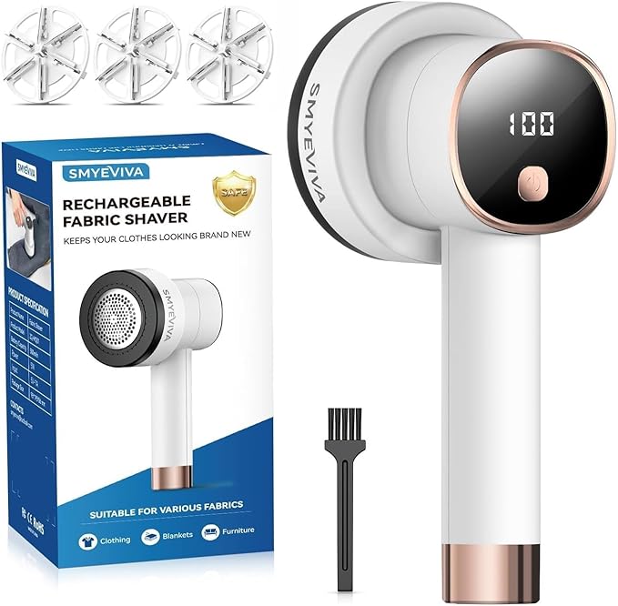 Rechargeable Fabric Shaver for Clothes: 6-Leaf Blades & 3 Speeds to Remove Pilling, Fuzz & Lint Balls - with LED Display, Portable Electric Lint Remover for Sweater, Couch, Blanket, Furniture