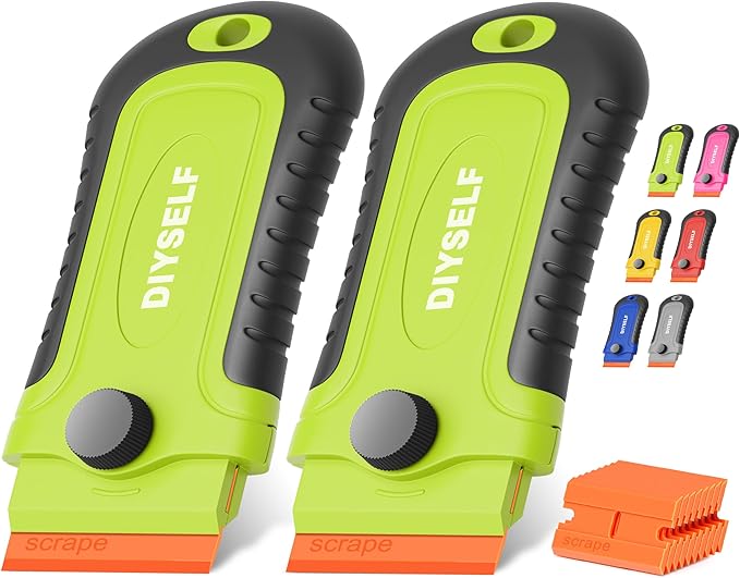 DIYSELF 2 Pcs Plastic Razor Blade Scraper with 10 Pcs Blades, Plastic Scraper Tool for Adhesive Remover, Scrapers for Cleaning Stickers, Decals, Glass, Windows, Car, No Scratches (Green)