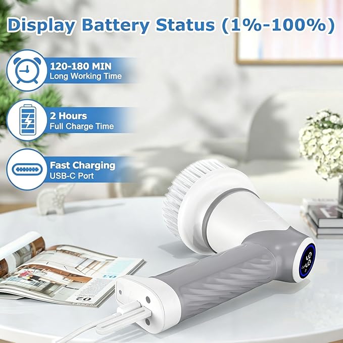 DAESUNG Electric Spin Scrubber, New Electric Bathroom Brush with 7 Replaceable Heads, Power Scrubber with LED Display, Electric Scrubbers for Cleaning Shower, Tile, Grout, Sink
