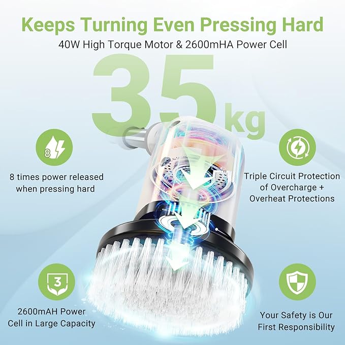 Electric Spin Scrubber, Cordless Bathroom Tub Scrubber with Long Handle & 7 Replaceable Cleaning Heads, Extension as Short Handle, Portable Power Shower Brush Household Tools for Tile Floor