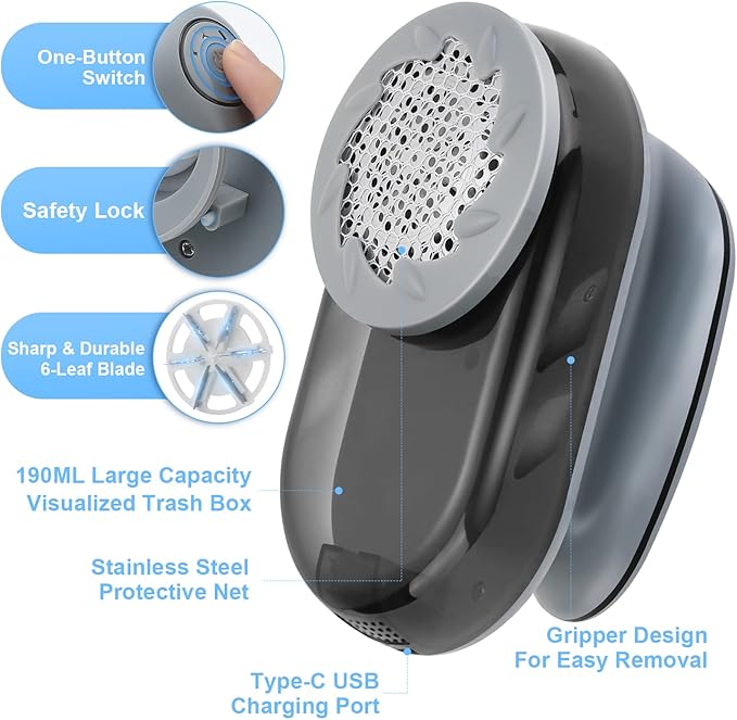 Rechargeable Fabric Shaver with 6-Leaf Blades, JUEYINGBAILI Electric Lint Remover, Upgrade Pill Fuzz Remover for Couch, Clothes, Furniture, Sweater, Lint Shaver with 6-Leaf Blades, Gray