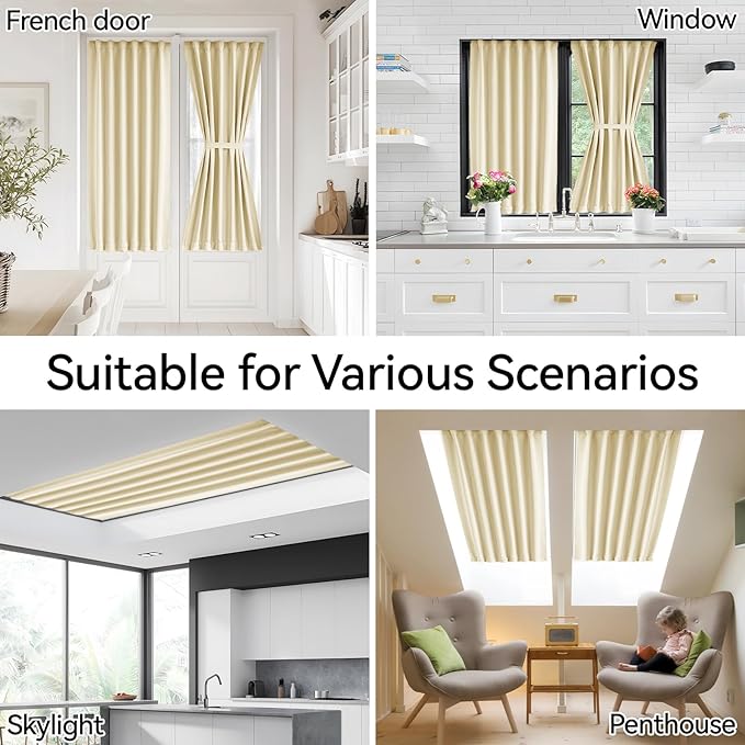 Vatge French Door Curtains - Front Door Curtain Panel with Tieback for Glass Window, Door Window Curtains for Doorways, 1 Panel, W54 x L72, Light Beige