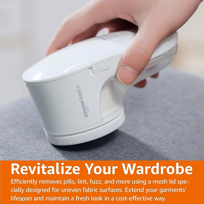 Amazon Basics Battery Operated Fabric Shaver for Clothes, Remove Pilling, Lint and Fuzz Removal, 6-Leaf Blades with Safety Lock, Portable, Includes 2 Spare Blades, White