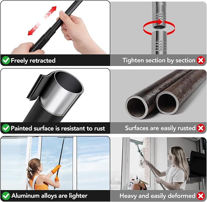 Shower Squeegee for Glass Doors, 15-51" Telescopic Shower Squeegee with Long Handle, Squeegee for Window Cleaning, Extendable Window Cleaner Tool for Tile Walls, Sliding Door, Floor, Car Windshield-BK