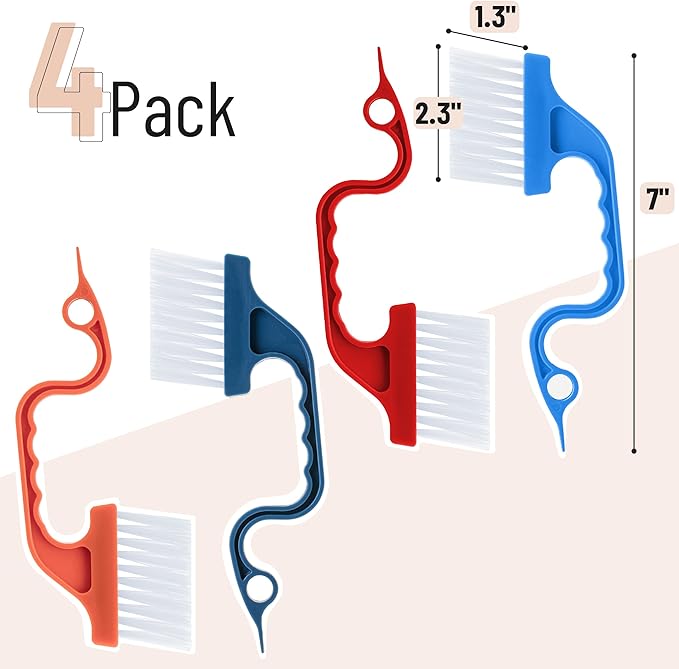 Slick- Window Track Cleaning Brush, 4 Pack, Colorful Ergonomic Handle, Built-in Scraper, Multipurpose, Window Track Cleaning Tools