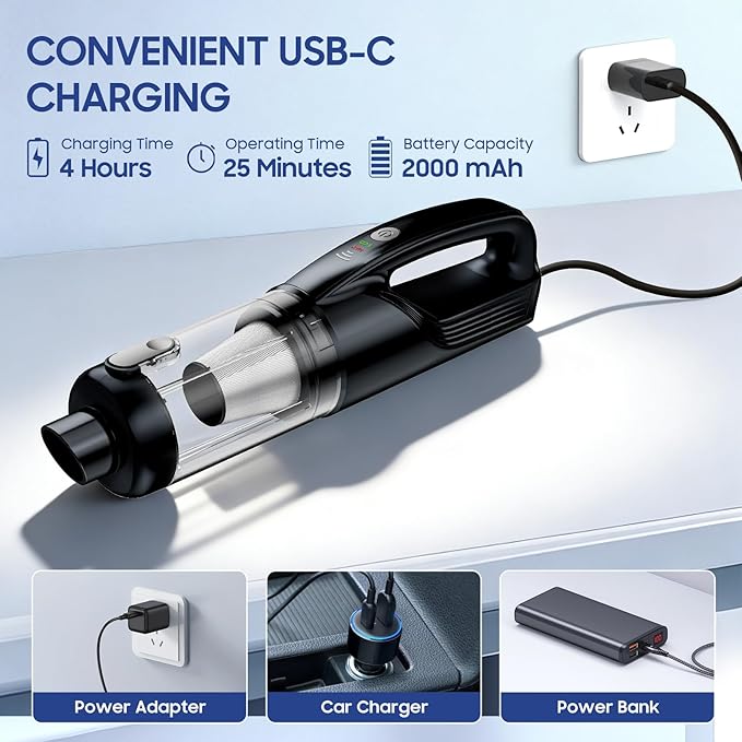 Car Vacuum Portable Cordless, 17000Pa Vacuum Cleaner with Brushless Motor, 2-in-1 Handheld Vacuum Cordless with Multi-Nozzles & Washable Filters, 2 Suction Modes for Home, Car, Office, Pet Hair