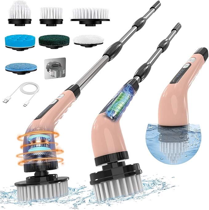 Electric Spin Scrubber with 7 Replaceable Brush Heads, 2-Speed Power, Extendable Handle up to 54 Inch – Bathroom, Shower, Bathtub, Tile & Kitchen
