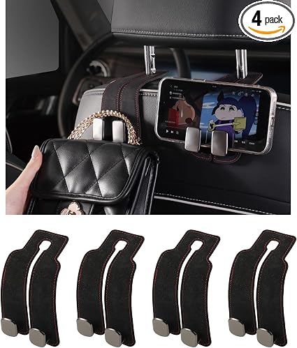 KINIVA Car Seat Headrest Storage Hooks, Set of 2, Suede PU Leather, Double Hooks (Black-4 Pack)