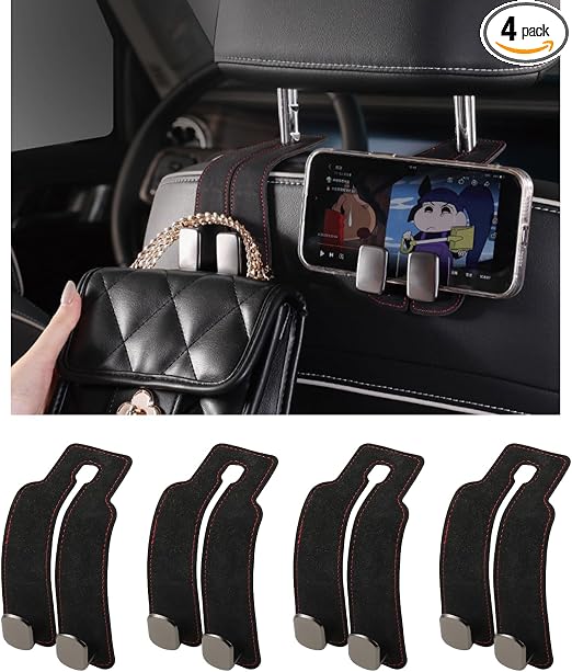 KINIVA Car Seat Headrest Storage Hooks, Set of 2, Suede PU Leather, Double Hooks (Black-4 Pack)