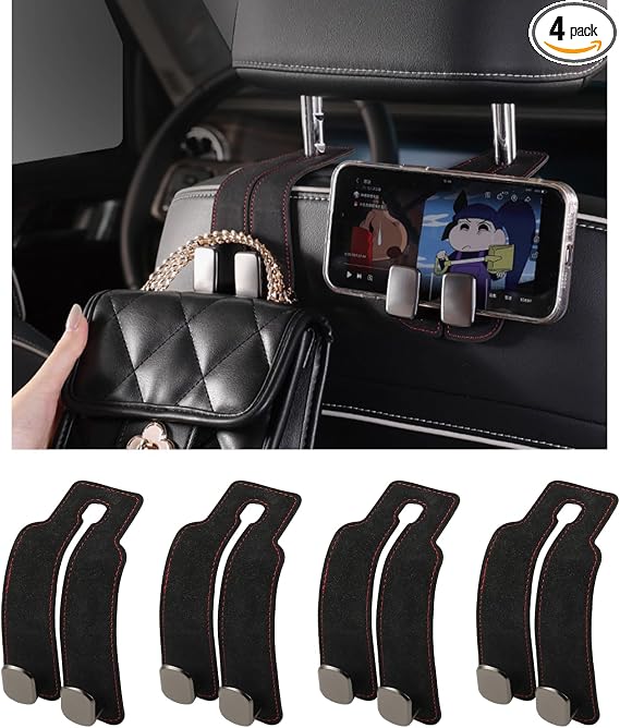 KINIVA Car Seat Headrest Storage Hooks, Set of 2, Suede PU Leather, Double Hooks (Black-4 Pack)