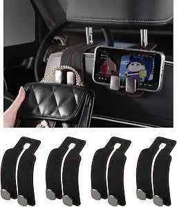 KINIVA Car Seat Headrest Storage Hooks, Set of 2, Suede PU Leather, Double Hooks (Black-4 Pack)