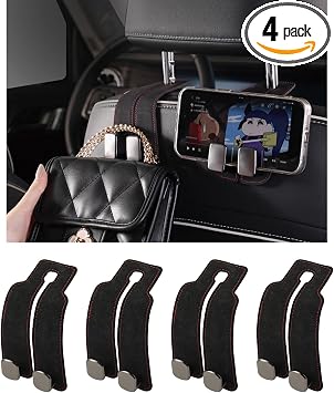 KINIVA Car Seat Headrest Storage Hooks, Set of 2, Suede PU Leather, Double Hooks (Black-4 Pack)