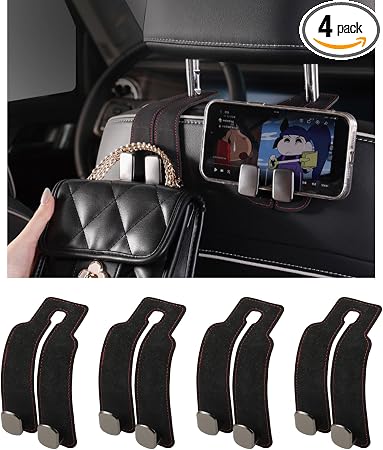 KINIVA Car Seat Headrest Storage Hooks, Set of 2, Suede PU Leather, Double Hooks (Black-4 Pack)