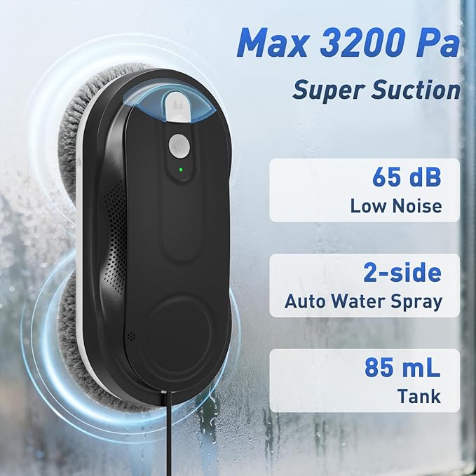 KKI Window Cleaning Robot, Automatic Window Cleaner Robot, Dual Spray, Max 3200Pa, AI Path Planning & Edge Detection, Remote Control for High-Rise Windows, Glass,Door,10xCloths, X3