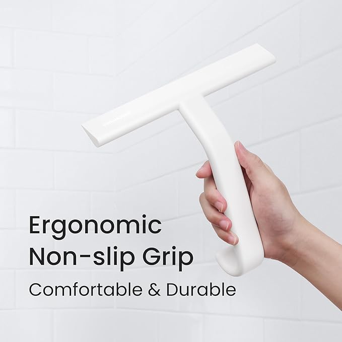 dancemoon JustHang Shower Squeegee for Glass Doors, All-One-Piece Award-Winning Silicone Squeegee with Built-in Hook for Bathroom, Window, Mirror, Tile Wall,Car, Streak-Free Cleaner Tool,10-Inch White