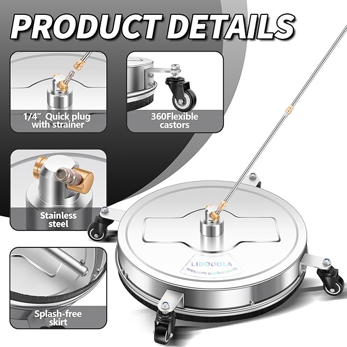 LidoDola 20'' Pressure Washer Surface Cleaner with 4 Wheels - Stainless Steel Surface Cleaner for Pressure Washer Attachment for Concrete, Driveway, Patio, Sidewalk, Deck and Driveways