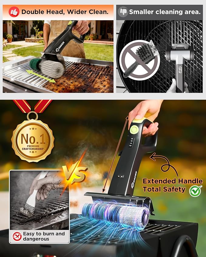 Saker Electric Grill Brush, 450 RPM Automatic BBQ Cleaning Tool with LED Light & 3 Interchangeable Heads – Cordless, Bristle-Free Grill Scrubber for Outdoor Cooking Accessories