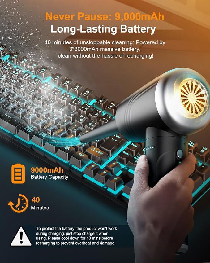 Compressed Air Duster, BANKKY 11-in-1 Cordless Keyboard Cleaner for Office, 120000RPM Electric Air Duster for Computer, Conditioner, etc (Black+Silver)