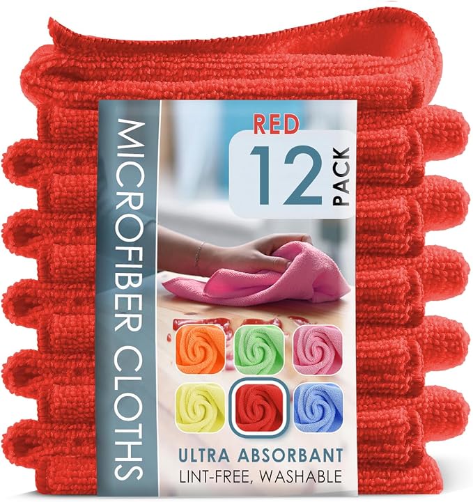 Hearth & Harbor Microfiber Cleaning Cloth, Reusable Microfiber Towels for Cars 12 Pack Washcloths, Red Cleaning Rags, Mi