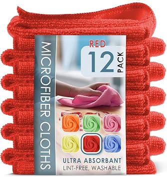 Hearth & Harbor Microfiber Cleaning Cloth, Reusable Microfiber Towels for Cars 12 Pack Washcloths, Red Cleaning Rags, Mi