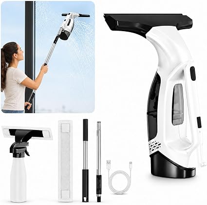 Window Vacuum Squeegee Cordless Electric 2000Pa(White with Rod) - Cleanova