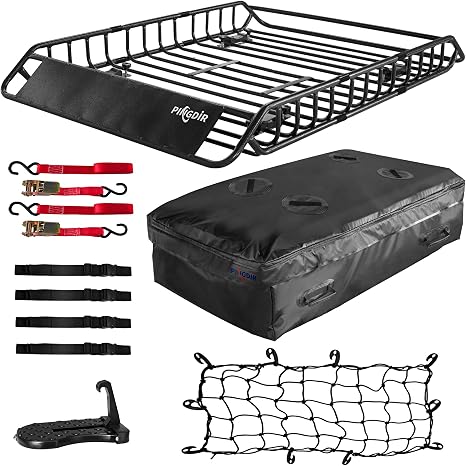 PINGDIR Roof Rack Basket 51" X 36" X 5" Rooftop Rack Cargo Carrier Universal, Waterproof Cargo Bag 44 * 35 * 16", Cargo 