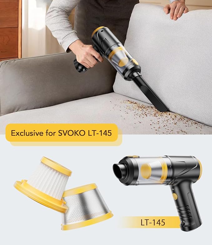 for Svoko Handheld Vacuum Cleaner Filter 3-Pack Compatible with LT-145 Cordless Handheld Vacuum Cleaner Replacement Parts HEPA Filter*2 & High-density stainless steel filter mesh*1 Yellow