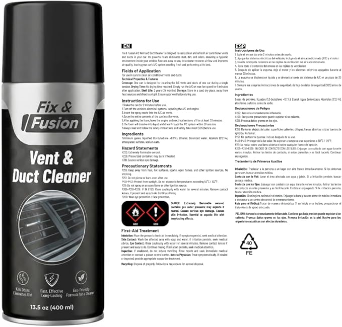 FIX & FUSION A/C Vent and Duct Cleaner (13.5 oz)| Foaming Spray for Car Air Conditioner | Freshens & Cleans Dust Build-Up | Fast, No-Rinse Formula | Automotive HVAC Refresher & Detailer (4 Pack)