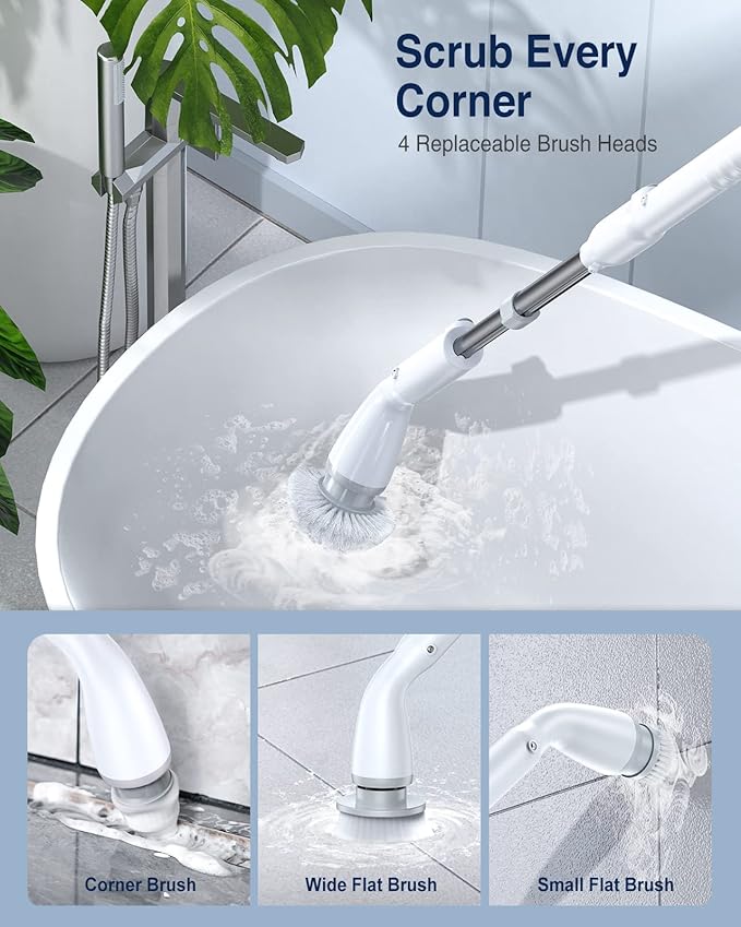 Electric Spin Scrubber, Cordless Cleaning Brush Scrubber with 7 Replaceable Brush Heads and Adjustable Extension Handle, IPX7 Waterproof Power Cleaning Brush for Bathroom Tub Floor Tile Shower
