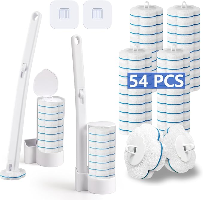 Disposable Toilet Brush， 2 Pack Toilet Wand and Holder with 54 Cleaner Refills Disposable Toilet Cleaning System Cleaner Pads for Toilet Bowl，Bathroom Cleaning，Sink，Bathtub - White