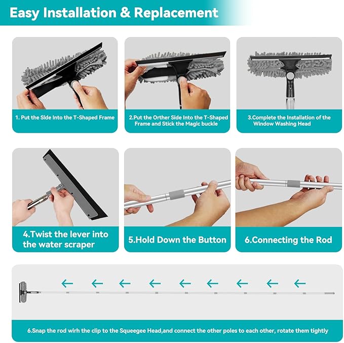 2-in-1 squeegee for window cleaning: 20+ Ft Long Reach cleaner tool with extension pole in home office commercial building Skylight Floor Ceiling Wall Dusting for Homeowner Car Enthusiast DIY Cleaners