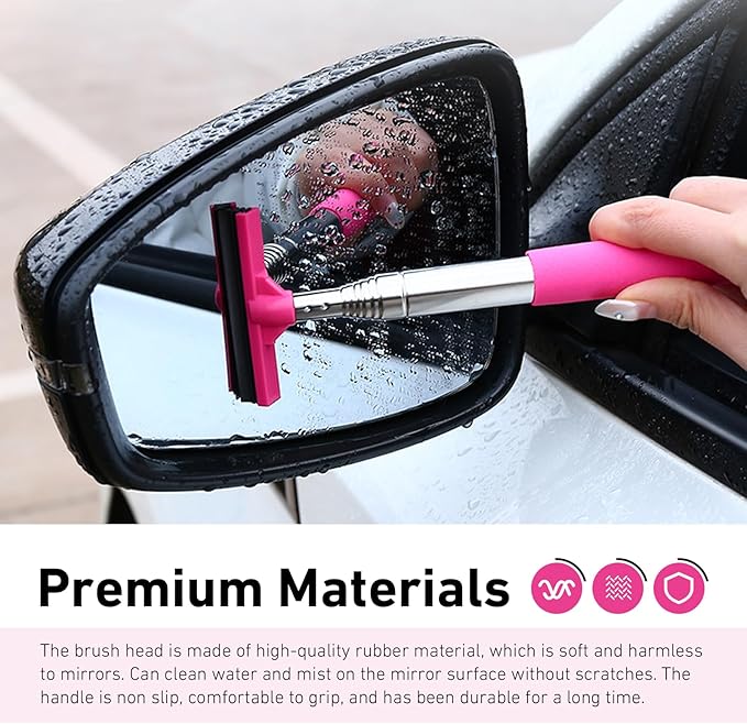 CouTun Car Side Mirror Squeegee, Retractable Car Rearview Mirror Wiper, 38.6in Long Handle Auto Glass Cleaning Tool, Multi-Functional Portable Side Mirror Wiper (Pink)