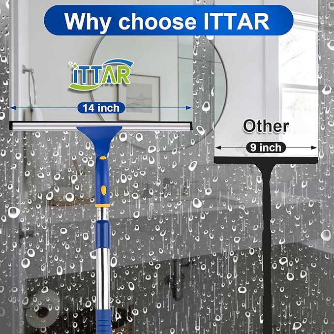ITTAR 14-Inch Shower Squeegee for Glass Doors, Swivel Window Squeegee with Extension Pole, Adjustable Bathroom Squeegee for Shower Doors Mirror Windows Glass Car Windshield-1 Extra Rubber Blade