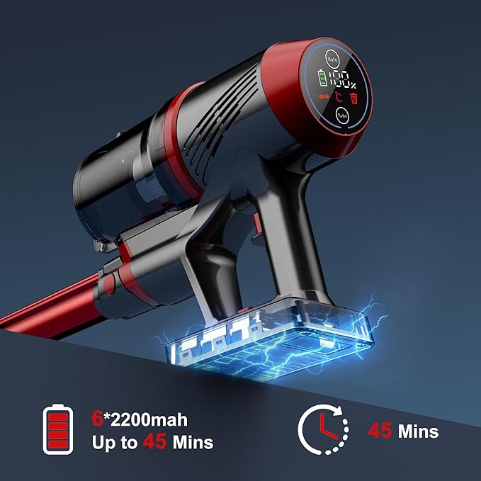 Cordless Vacuum Cleaner, 200W 45Mins Lightweight Stick Vacuum Cleaners for Home, Anti-Tangle Brush & LED Touch Screen, 1L Dust Cup, Wall Mount Dock, Bright Light for Hardwood, Pet Hair, Carpet, Office