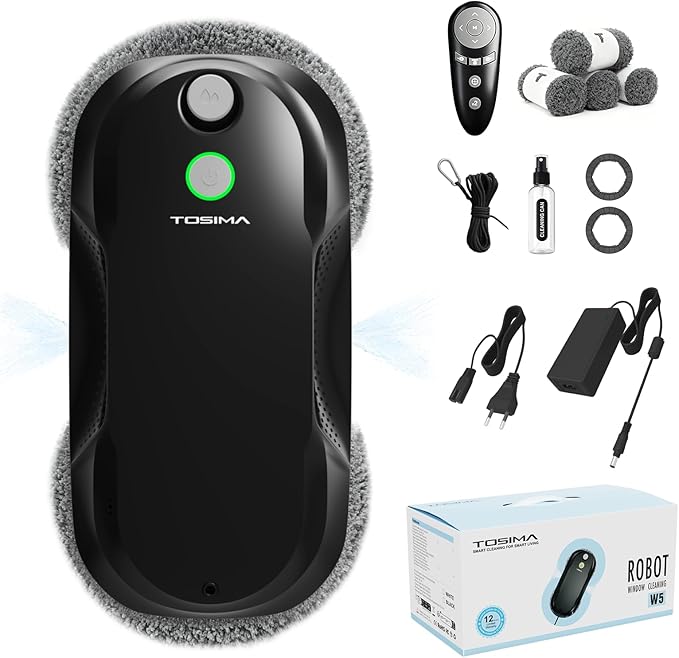 Tosima W5 Window Cleaning Robot, Dual Direction Auto-Spray Smart Window Cleaner with Triple Safety System, Smart Navigation, Remote Control, for All Smooth Surfaces, with 8 Rags, Black
