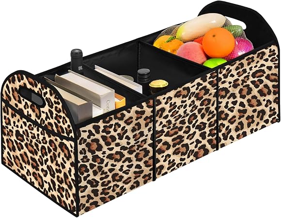 Classic Leopard SUV Car Trunk Organizer Accessories 50L Collapsible Car Storage Bag 3 Compartment Caddy Waterproof Folda