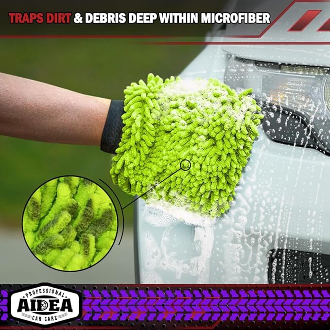 AIDEA Car Wash Mitt Microfiber, 2PK Scratch Free Lint-Free, Premium Chenille Microfiber Mitt Car Wash Brush, Green & Blue, Regular Size 7.12''X10.14''