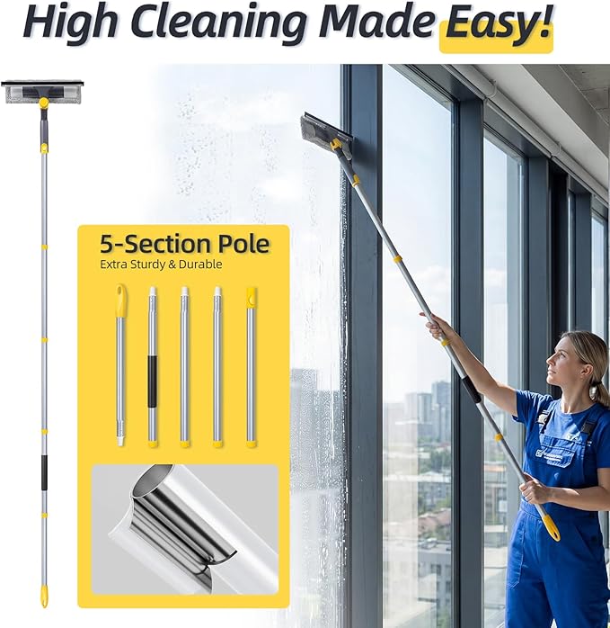 Masthome 77" Window Squeegee with Stainless Steel Pole, 2-in-1 Professional Window Cleaning Kit, 180° Lockable Rotating Head, Streak-Free Scrubber for High Window, Car Windshield, Indoor Outdoor Glass